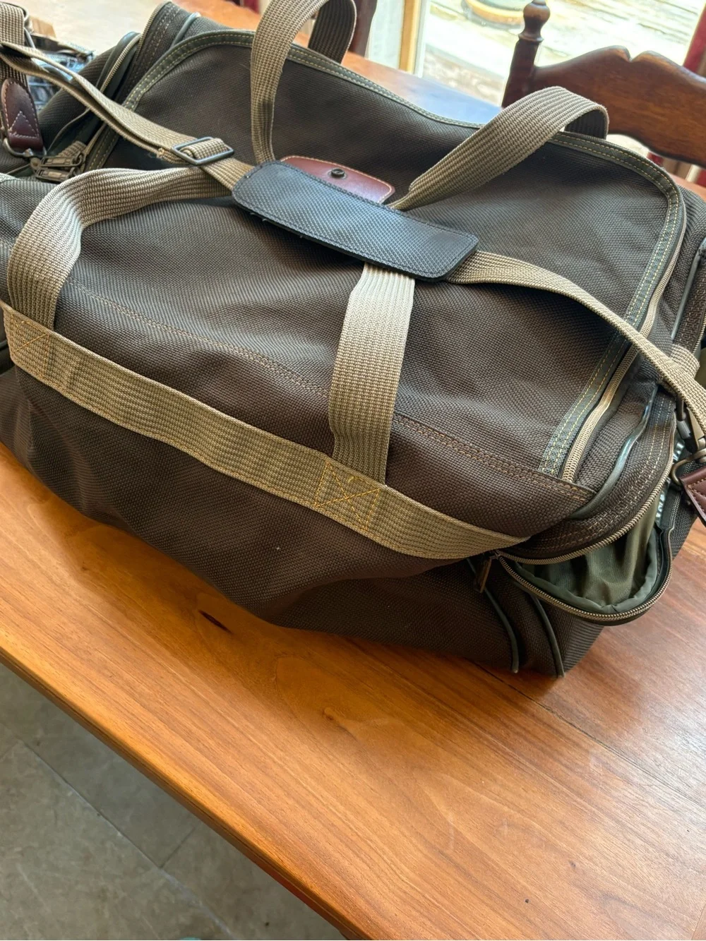 American tourist, vintage Olive Green Canvas Duffel Bag with Brown leather trim